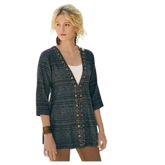 Soft Surroundings Linen Cardigan Womens S Black‎ Tribal Boho Grannycore Eclectic - Picture 1 of 16